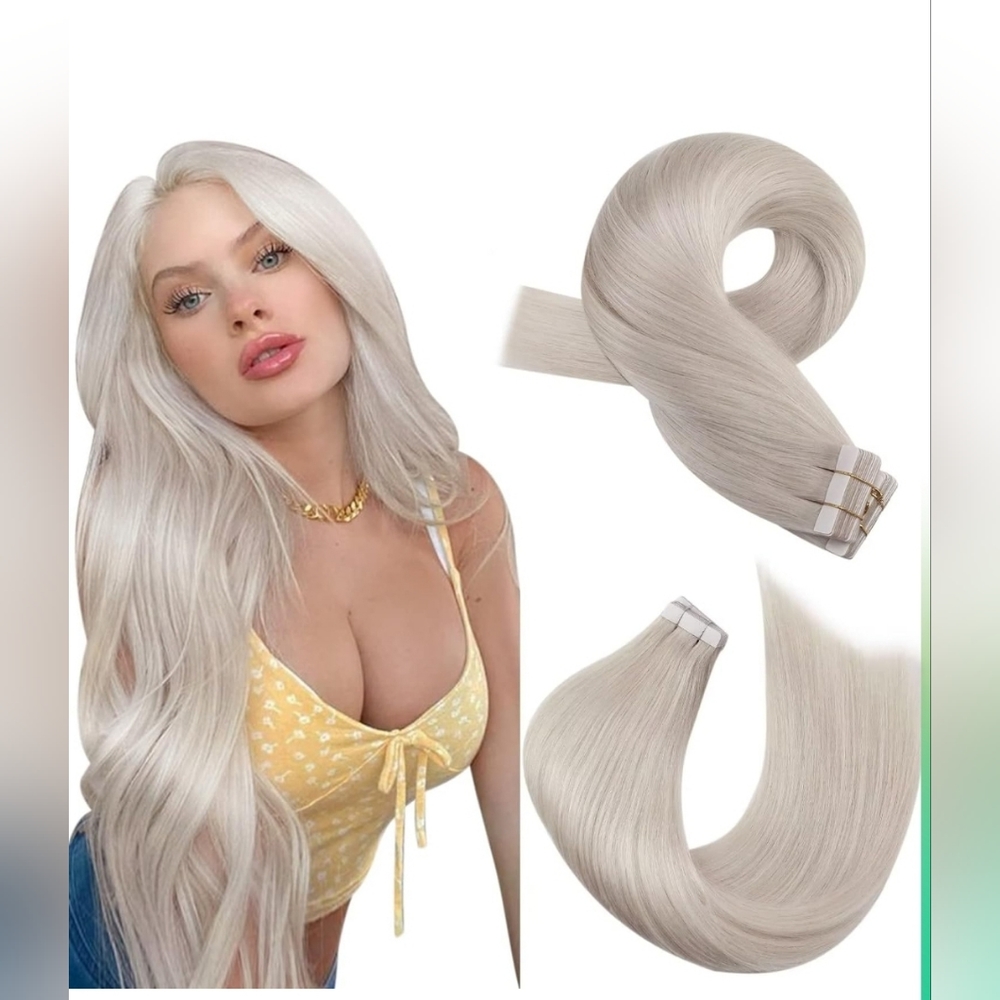 14" 100% Human Hair Tape In Extensions 20pcs 40g #60A Platinum Blonde